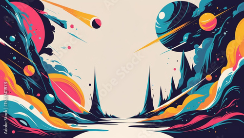 Vibrant Cosmic Landscape with Abstract Elements
