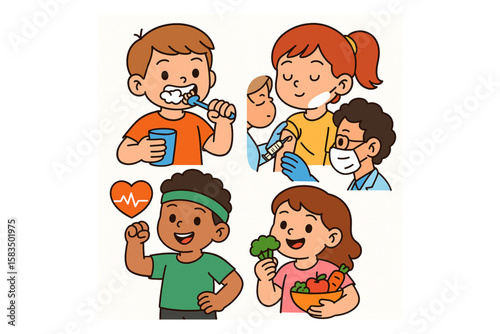 Children Health Care Vector Illustration with Cute Cartoon Characters