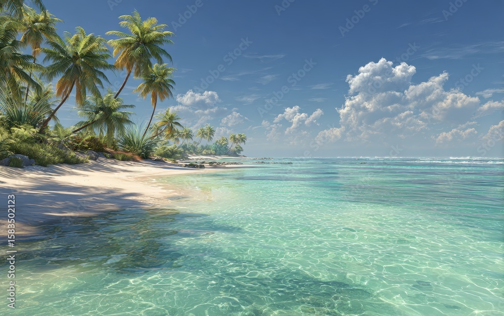 Fototapeta premium Serene tropical beach with turquoise waters, palm trees, and light white cloud formations
