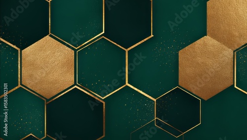 Abstract Hexagon Pattern with Golden Accents and Emerald Green Background