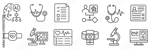Health technology and artificial intelligence icons representing modern medical advancements in patient care and data analysis