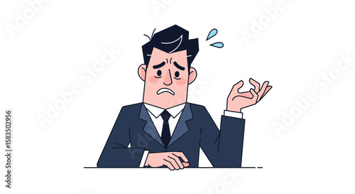 Confused man in suit gesturing with sweat droplets showing anxiety and uncertainty