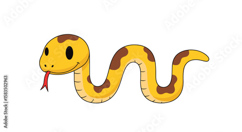 A whimsical yellow cartoon snake slithering with a red tongue extended and brown spots throughout its body