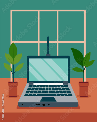 The laptop was perched on a metal stand blending in seamlessly with the industrial style of the greenhouse while still providing a touch of modern technology.. Vector illustration