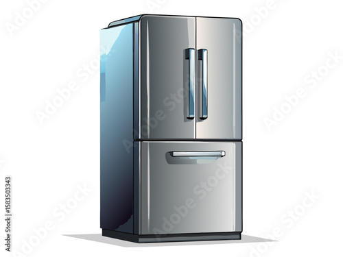 Realistic high-quality stainless steel refrigerator door, isolated on white background. Modern kitchen appliance with clean surface, minimal handle design, and subtle reflections. Vector illustration.