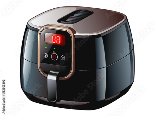 Realistic high-quality air fryer with digital display and sleek black design, isolated on white background. Modern kitchen appliance for healthy oil-free cooking. Vector illustration