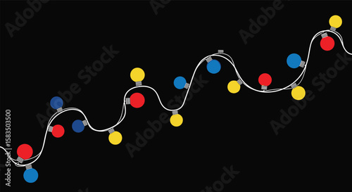 Brightly colored festive holiday lights displayed on a dark background