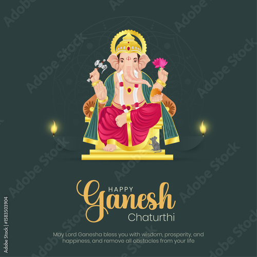 Happy Ganesh Chaturthi Post and Flyer Template. Birthday Celebration of Lord Ganesh Banner and Greeting Card with Text Vector Illustration