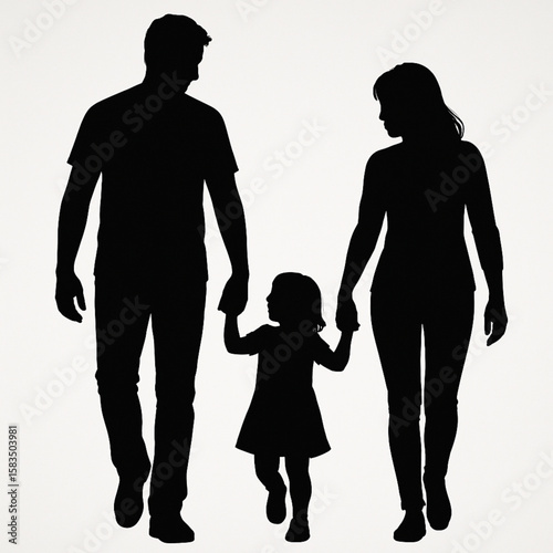 Discover a heartwarming family silhouette of parents and child holding hands. Perfect for parenting blogs, family therapy designs, and love-themed projects. High-quality vector art with a minimalist, 