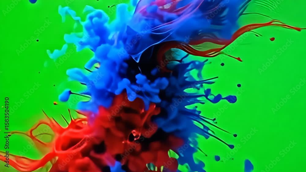 The geometric mesh torn by noise hazy abstract pressure elegantly unfurls in a symphony of colors, with vibrant reds and blues cascading downward; the camera spins around it, amplifying the