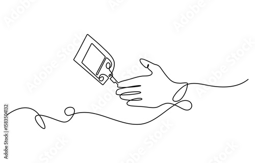 Continuous one line drawing of diabetes equipment's. Medical health care concept, One continuous line drawing of Blood glucose meter test illustration. glucometer pharmacy equipment outline.
