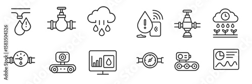 Water management icons featuring plumbing, monitoring, and irrigation systems