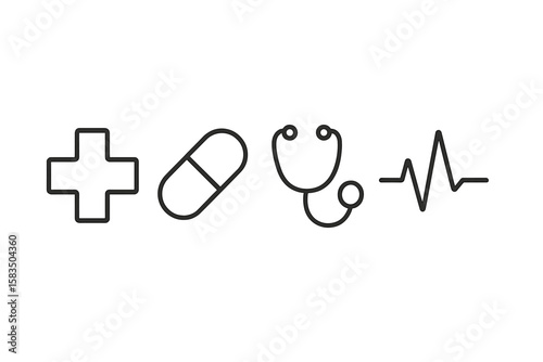 Symbols representing health and medical care featuring a cross, capsule, stethoscope, and heartbeat line in black and white