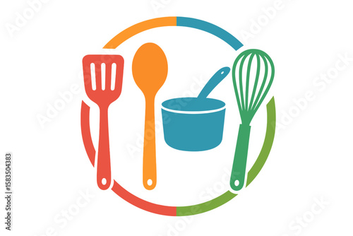 Cooking utensils and a bowl arranged in a circular design symbolize culinary arts and kitchen creativity