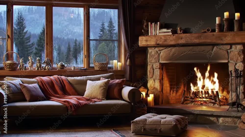 Cozy Fireplace Room with Rainy Panoramic View at Night