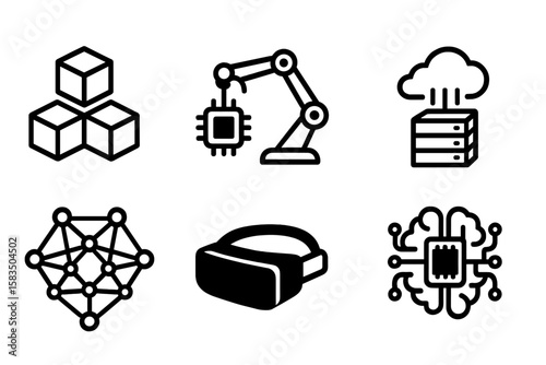 Exploring modern technology concepts with icons representing virtual reality, cloud computing, and artificial intelligence