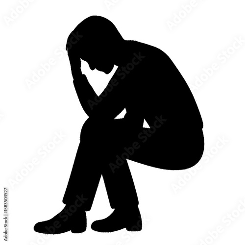 Discover a moving silhouette of a man sitting with head in hands. Perfect for mental health campaigns, stress awareness designs, and therapy art. High-quality vector art with a minimalist, emotional s