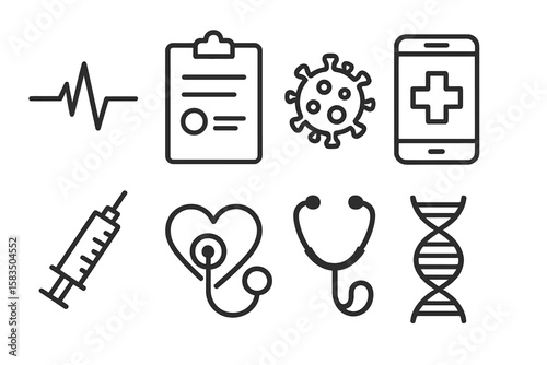 Health and medical icons representing care, technology, and diagnostics for modern healthcare systems