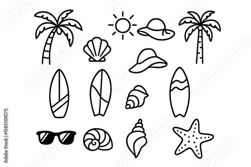 Tropical vacation theme with palm trees, surfboards, and beach accessories in a playful design