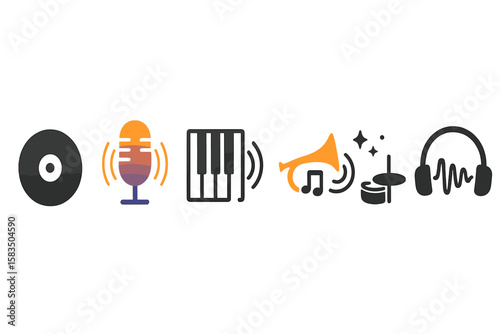 Various musical symbols representing different aspects of music and sound in a vibrant, creative arrangement