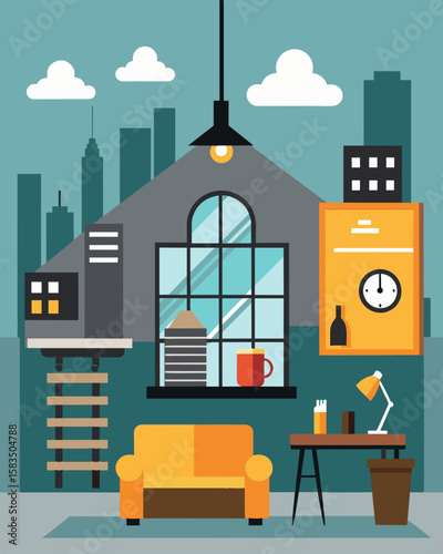 The industrial chic decor of the urban loft perfectly complemented the freelancers minimalist aesthetic.. Vector illustration