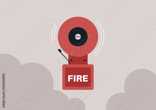 Close-up of a fire alarm, emitting a loud warning signal, The bright red color contrasts against a hazy background, emphasizing the urgency it brings to fire safety measures and awareness.