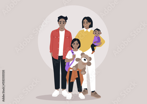 A lively family of four stands proudly together, showcasing their unique personalities, The parents, exuding warmth, enjoy a moment with their two charming kids, highlighting love and togetherness
