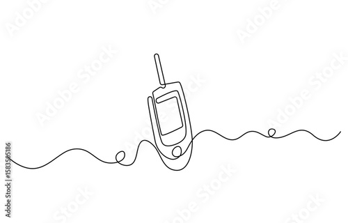 Continuous one line drawing of diabetes equipment's. Medical health care concept, One continuous line drawing of Blood glucose meter test illustration. glucometer pharmacy equipment outline.