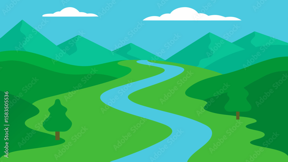 Obraz premium Flat Green Valley with River