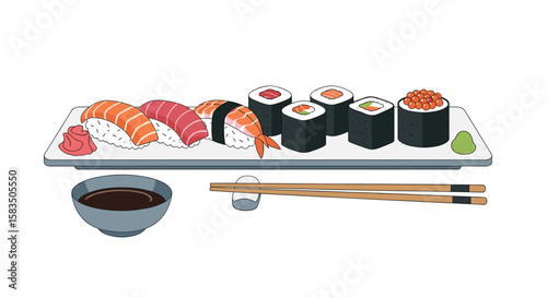 Artistic pixelated sushi platter with chopsticks and soy sauce dish