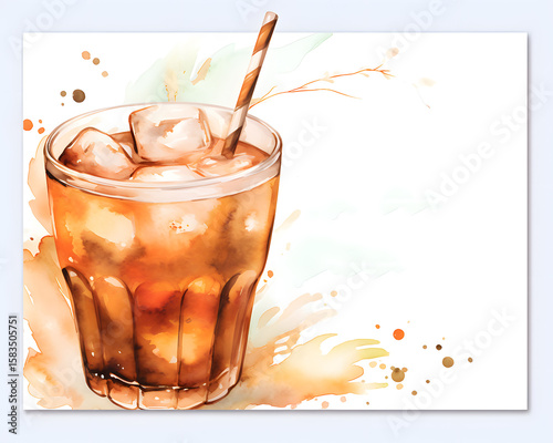 Watercolor template with with espresso with ice coffee with ice cubes. This design is suitable for greeting and invitation cards for tasting.