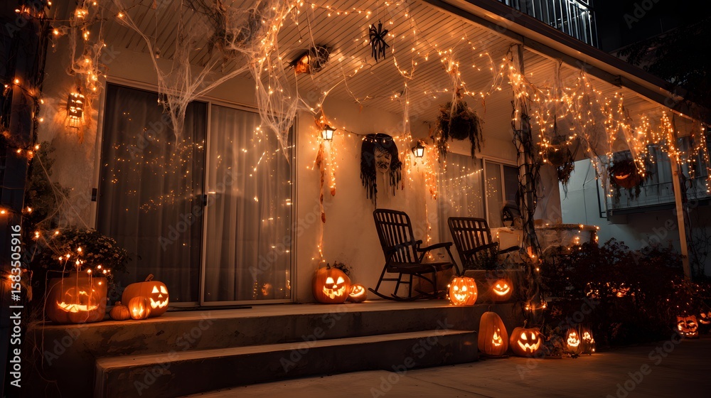 Obraz premium A beautifully decorated porch welcomes trick-or-treaters with glowing jack o' lanterns and spooky decor.