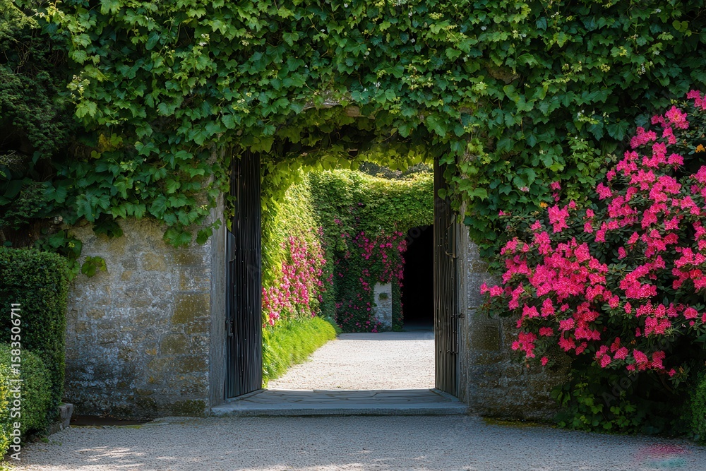 Obraz premium A vibrant garden entrance framed by lush greenery and colorful flowers in springtime