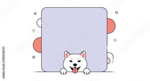 Adorable shiba inu peeking out behind a cute light purple square frame with red circles and stars decorations