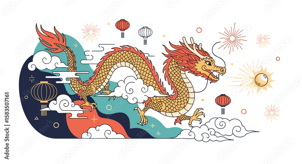 Obraz premium Festive chinese dragon dance celebration with fireworks and lanterns lighting up the night sky