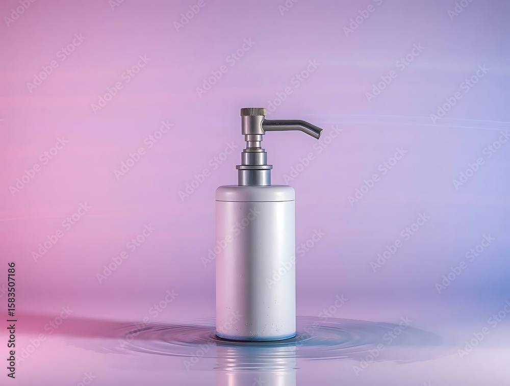 Obraz premium Silver Dispenser Bottle, Water Reflections and Pastel Colored Background
