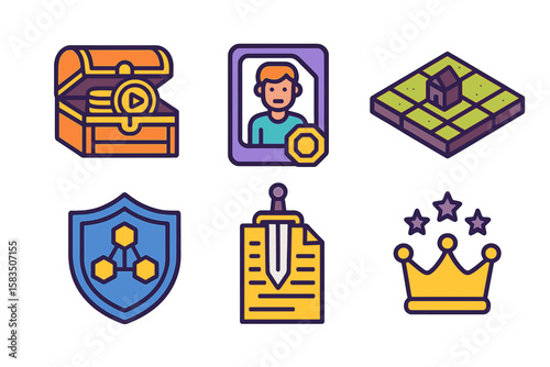 Colorful icons representing gaming elements such as treasure, character profiles, and achievements displayed in digital format for a fun experience