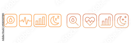 Health monitoring icons show various aspects of wellness and lifestyle tracking over time from sleep to heart rate features