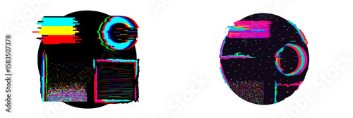 Visual representation of digital glitch art featuring vibrant colors and abstract patterns in a circular layout