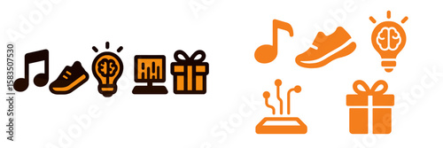 Creative icons depicting music, technology, and gifting concepts for modern digital design projects
