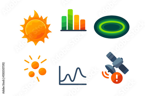 Colorful icons representing solar energy, graphs, and satellite monitoring in a bright and modern design