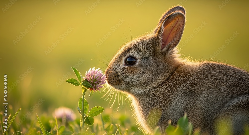 Obraz premium Cute Bunny Smelling Pink Clover Flower in Soft Sunlit Meadow Closeup