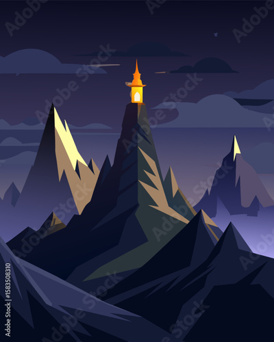 The jagged peaks of the surrounding mountaintops are illuminated by the light of the observatory a solitary beacon in the darkness.. Vector illustration