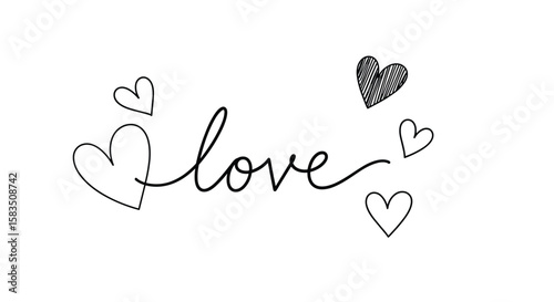 Charming hand drawn hearts flourishes around beautifully scripted word love with artistic scribbled heart elements