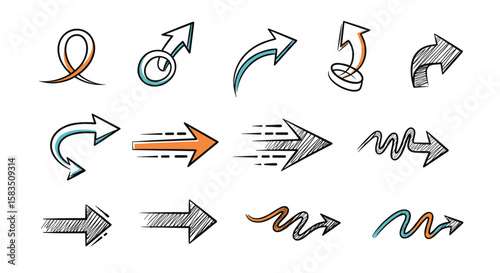 Hand drawn collection of arrow icons with different styles and directions showing progress and movement