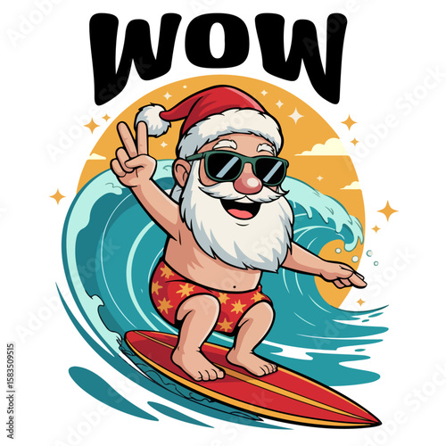 Santa Claus playing with surfing on the beach water vector illustration.
