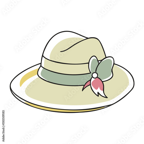 Stylish wide-brimmed panama hat with decorative bow in pastel colors  