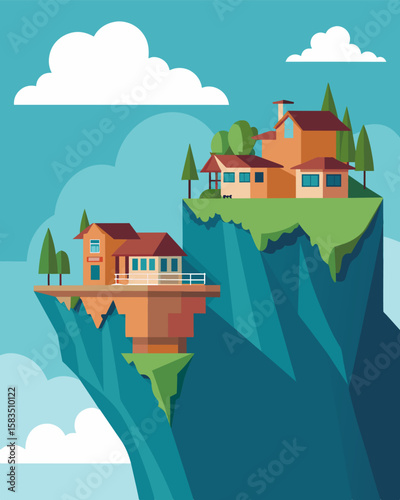 The villas cliffside location provides ample opportunity for outdoor exercise during work breaks such as hiking swimming or yoga on the edge of the cliff.. Vector illustration