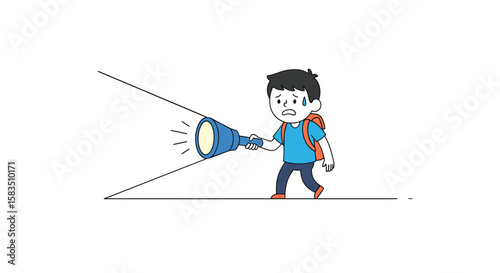 A young boy with a backpack explores with a flashlight illuminating his path forward