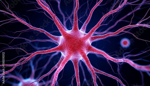 A striking 3D visualization of a neuron with vibrant red branches spreading across a dark background, illustrating the complexity of neural networks in stunning 4K detail.
